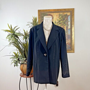 Natasia Collection Women's Blazer Size 10 Black Rhinestone Studded Long Jacket